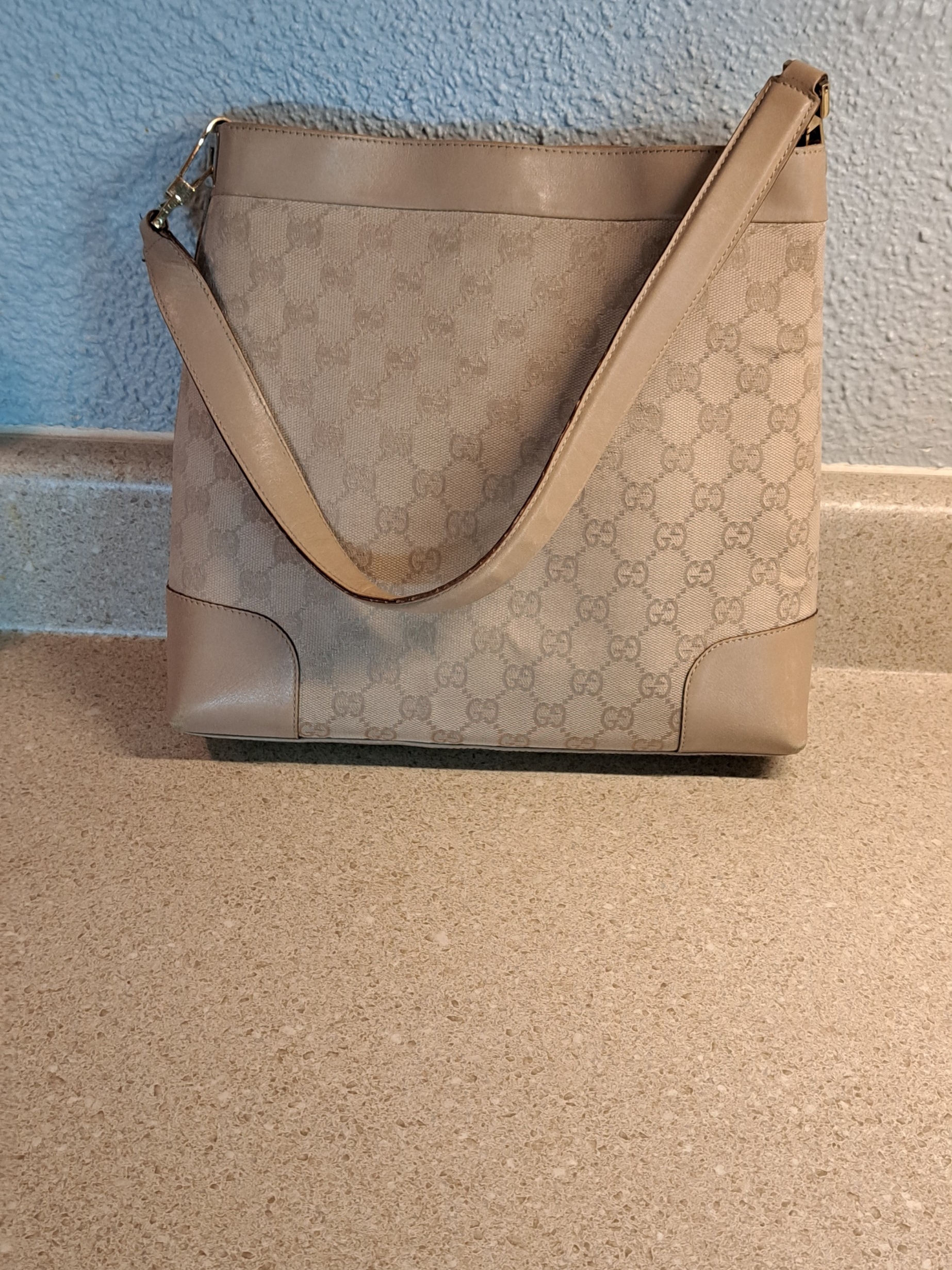 Gucci Beige Monogram Canvas Shoulder Bag With Gold Hardware